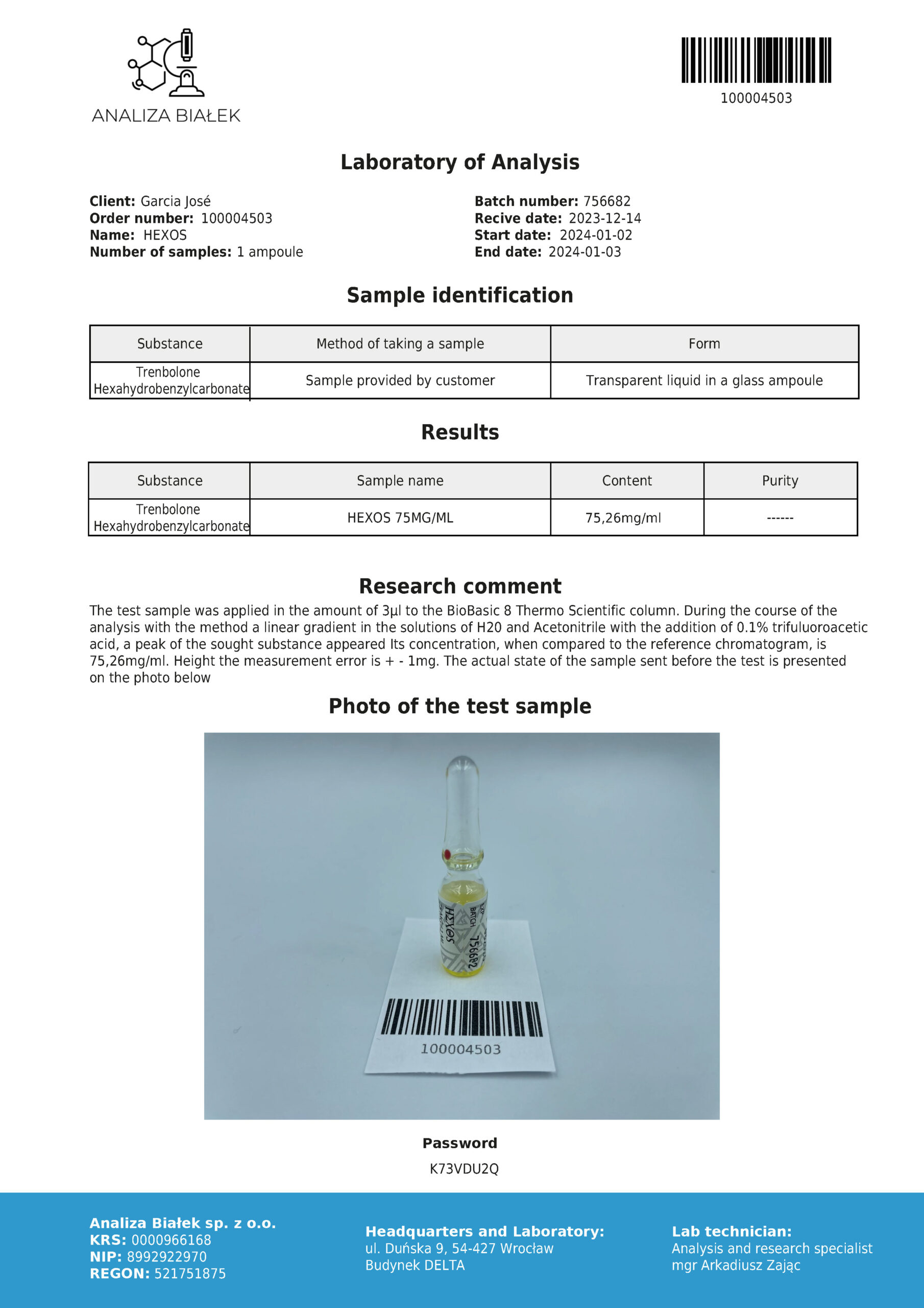 Hexos 75 mg/ml (Trenbolone esaidrobenzilcarbonato) 10ml vial - Parabolan - Image 2